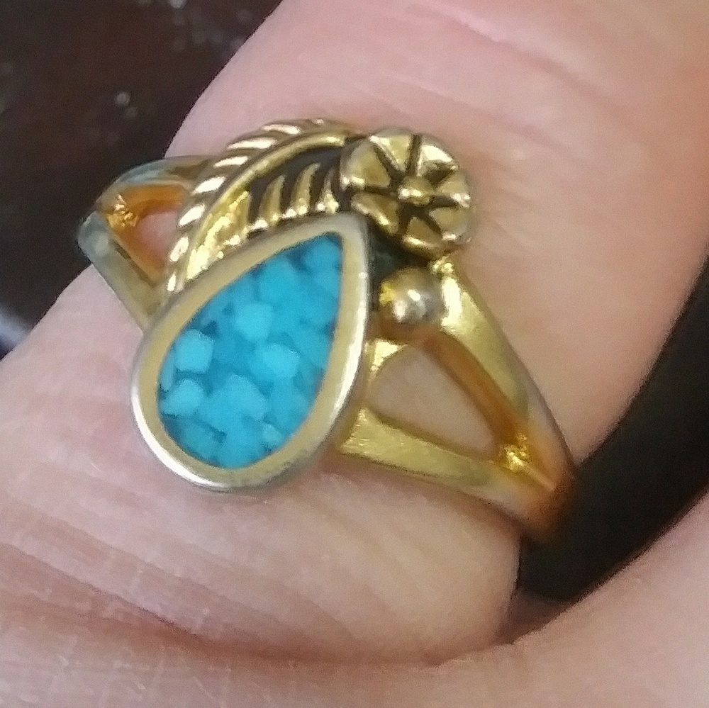 Vintage Hopi Inlay Turquoise Gold ring